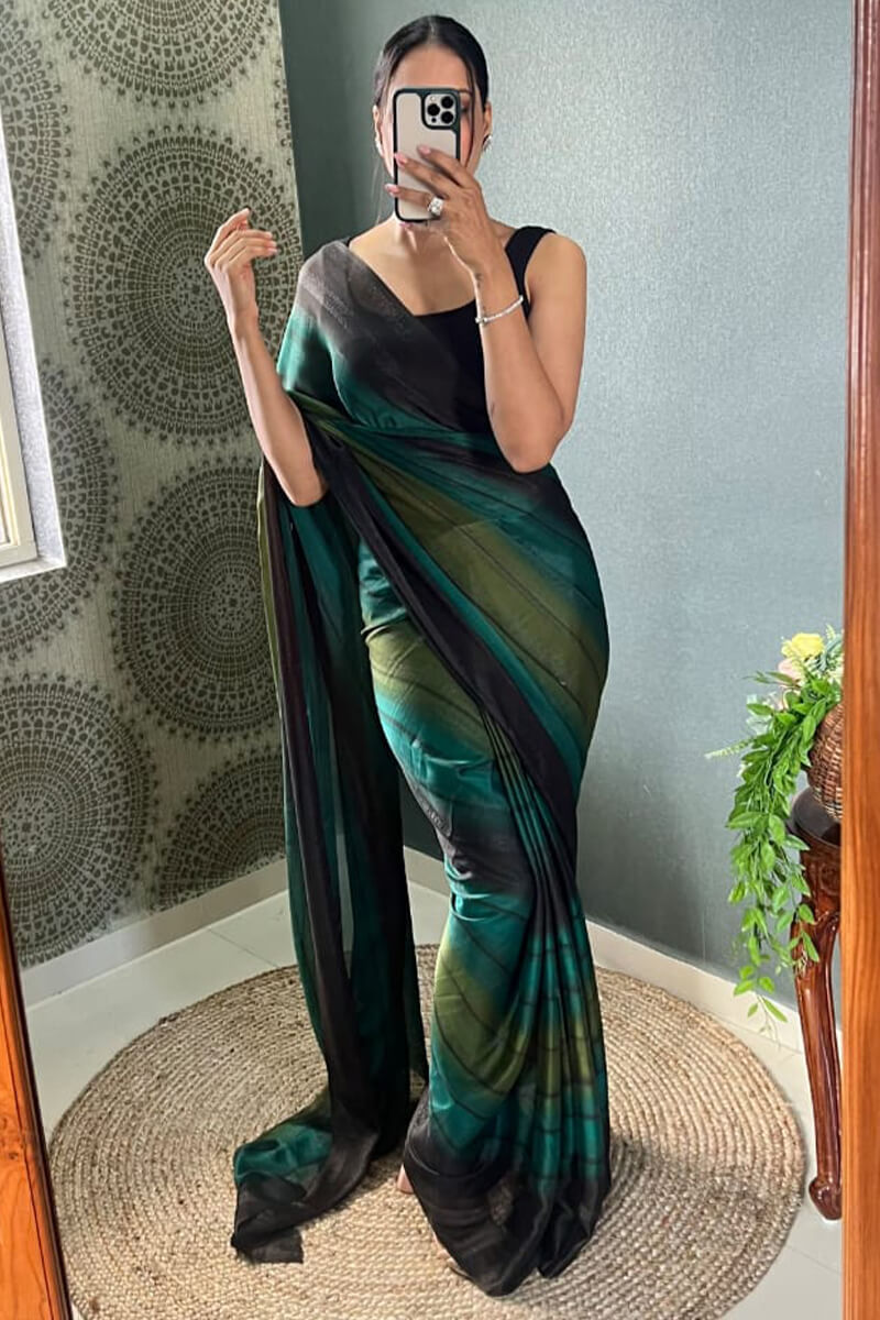 Unequalled 1-Minute Ready To Wear Dark Green Nylon Silk Saree
