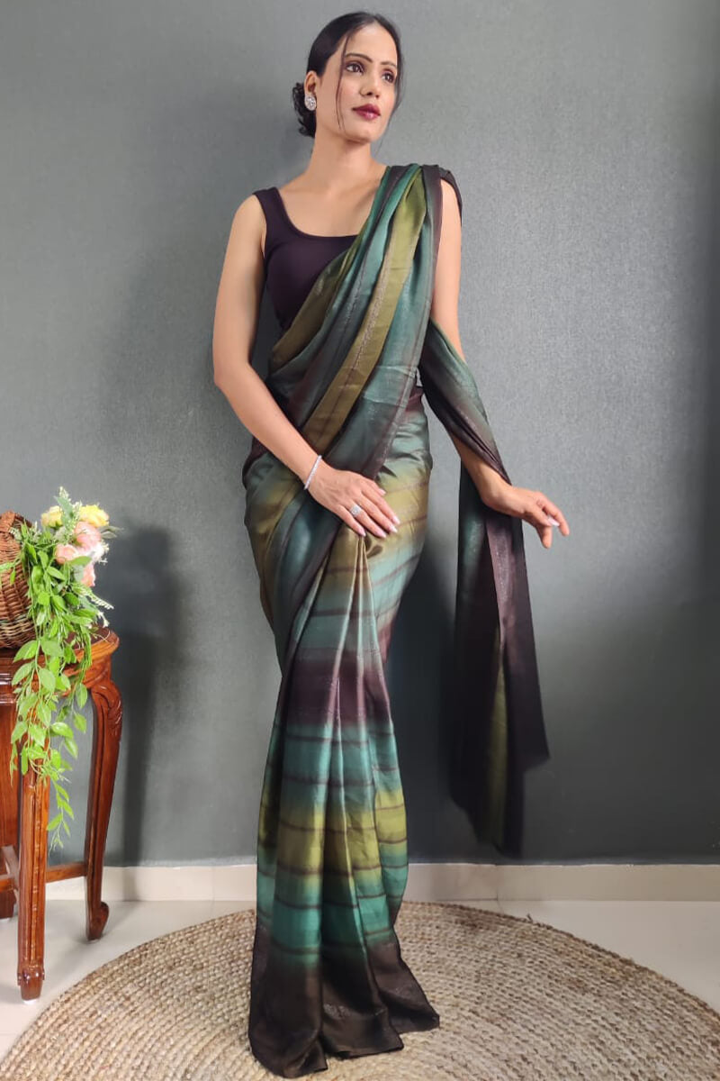 Unequalled 1-Minute Ready To Wear Dark Green Nylon Silk Saree