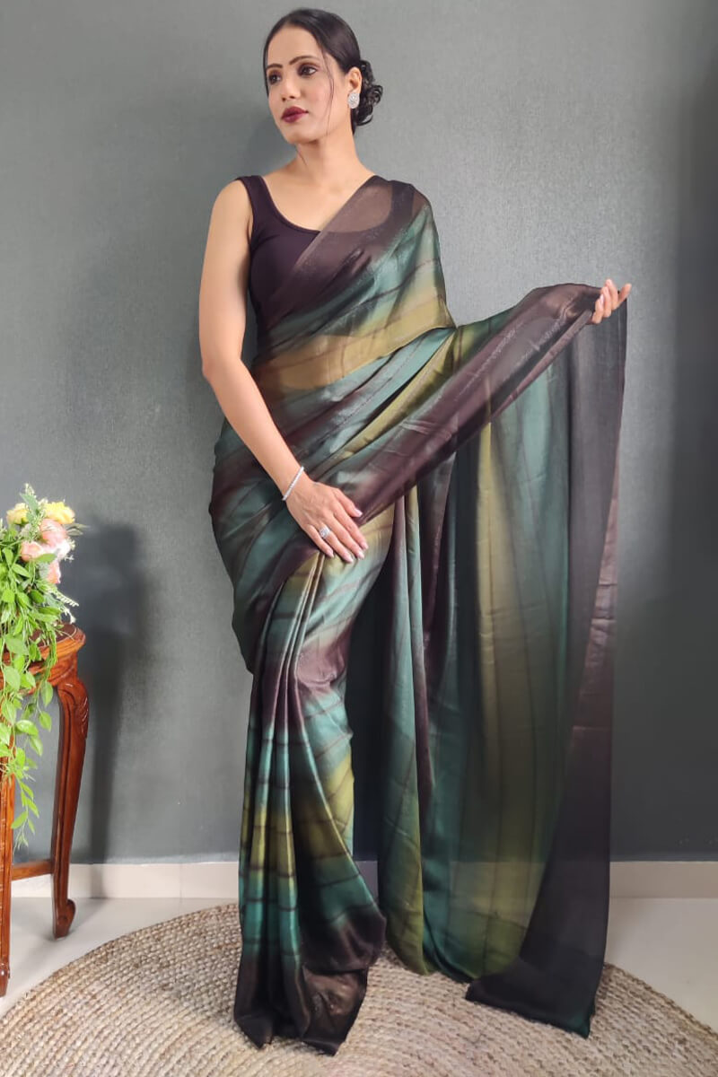 Unequalled 1-Minute Ready To Wear Dark Green Nylon Silk Saree