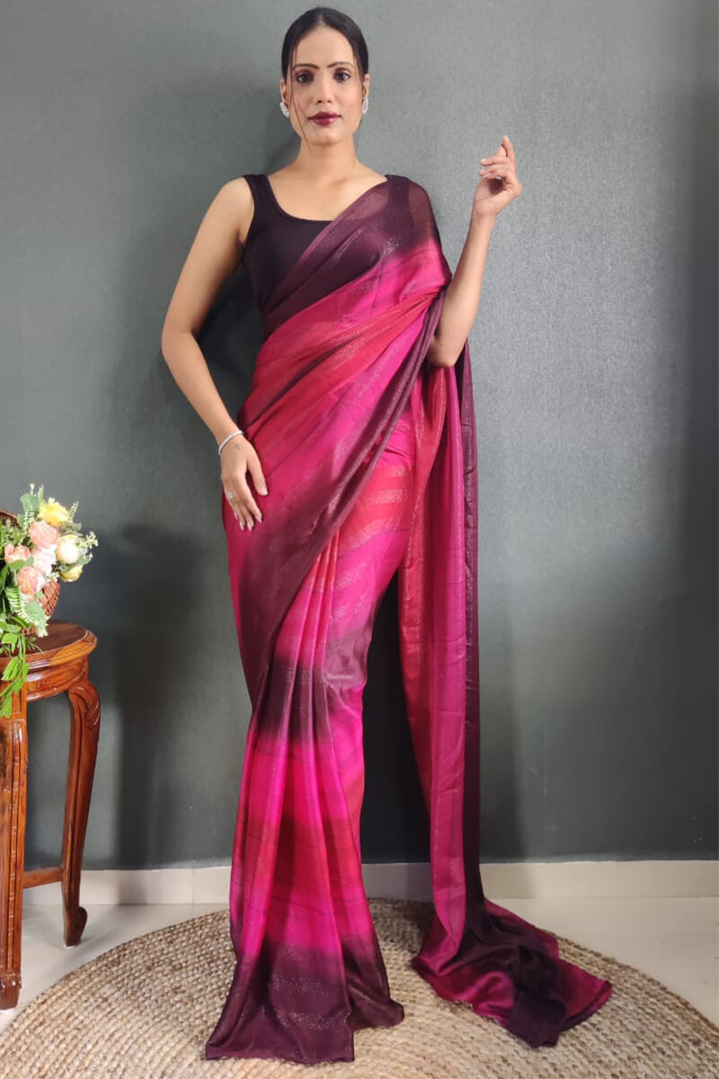 Desiring 1-Minute Ready To Wear Dark Pink Nylon Silk Saree