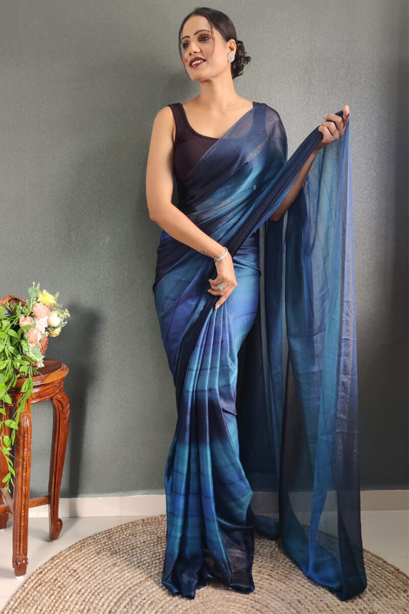Alluring 1-Minute Ready To Wear Navy Blue Nylon Silk Saree