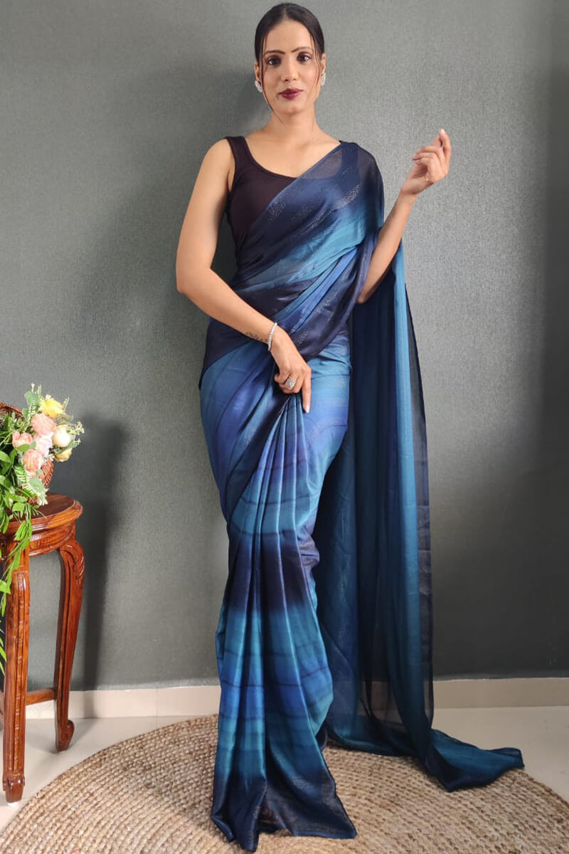 Alluring 1-Minute Ready To Wear Navy Blue Nylon Silk Saree
