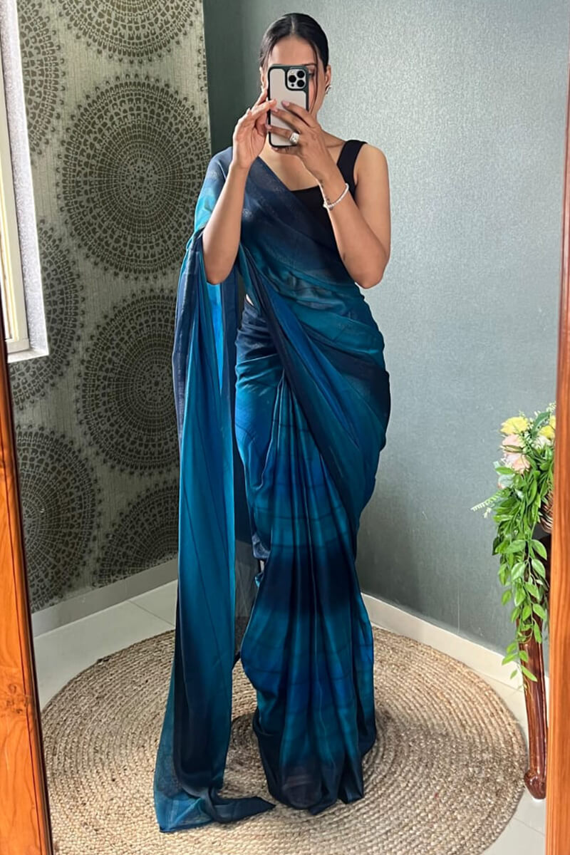 Alluring 1-Minute Ready To Wear Navy Blue Nylon Silk Saree