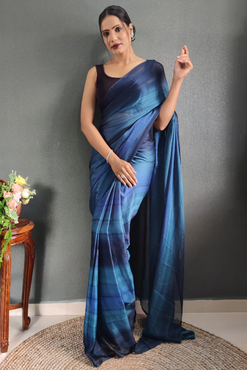 Alluring 1-Minute Ready To Wear Navy Blue Nylon Silk Saree