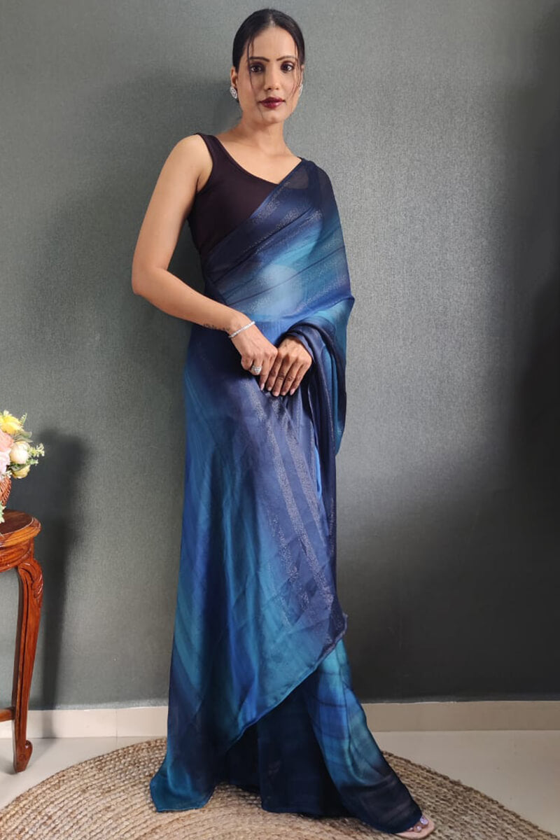 Alluring 1-Minute Ready To Wear Navy Blue Nylon Silk Saree