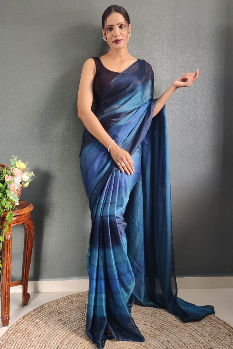 Alluring 1-Minute Ready To Wear Navy Blue Nylon Silk Saree