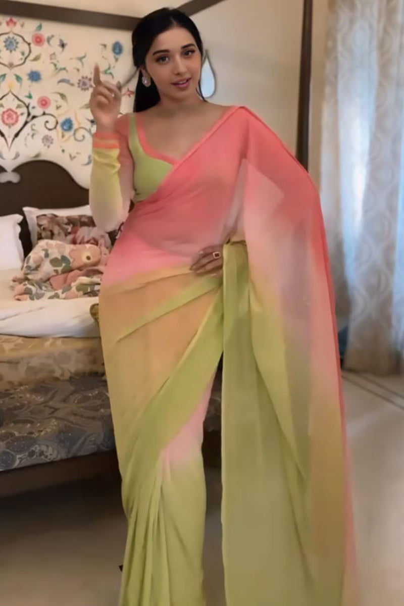 Capricious 1-Minute Ready To Wear Pink and Perrot Georgette Saree