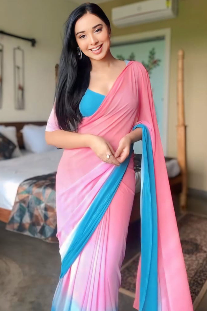 Murmurous 1-Minute Ready To Wear Pink and Sky Georgette Saree