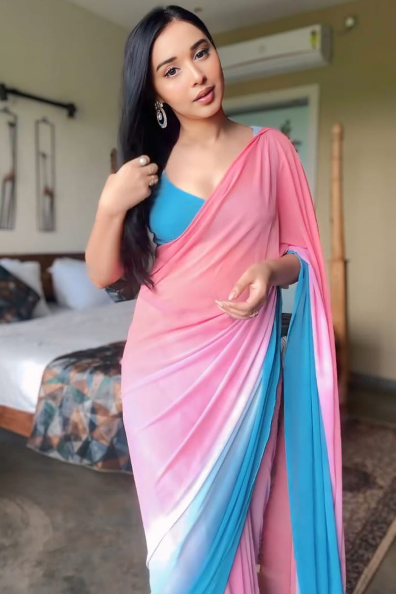 Murmurous 1-Minute Ready To Wear Pink and Sky Georgette Saree