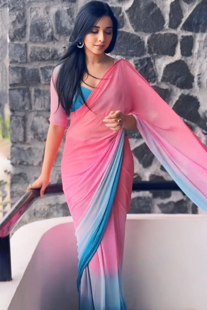 Murmurous 1-Minute Ready To Wear Pink and Sky Georgette Saree