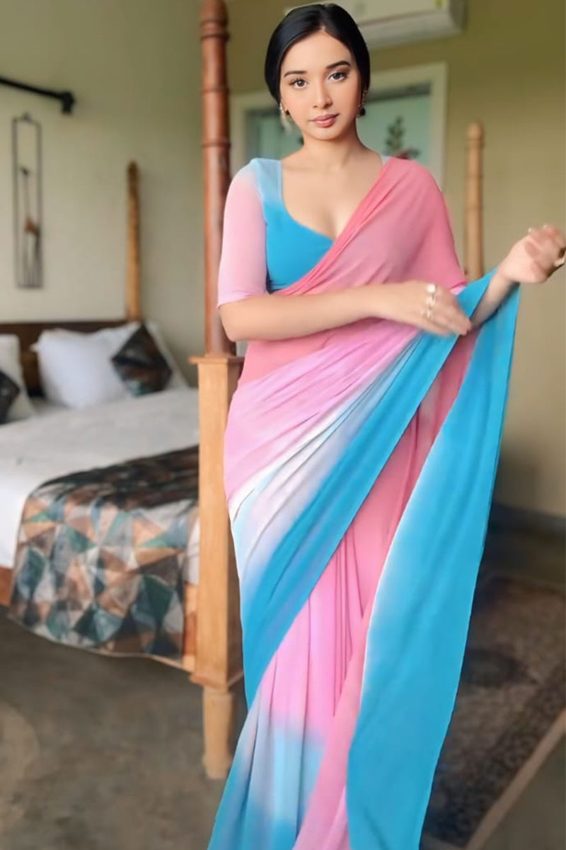 Murmurous 1-Minute Ready To Wear Pink and Sky Georgette Saree