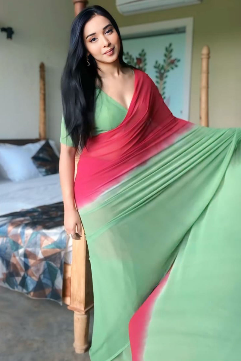 Ornate 1-Minute Ready To Wear Red and Green Georgette Saree