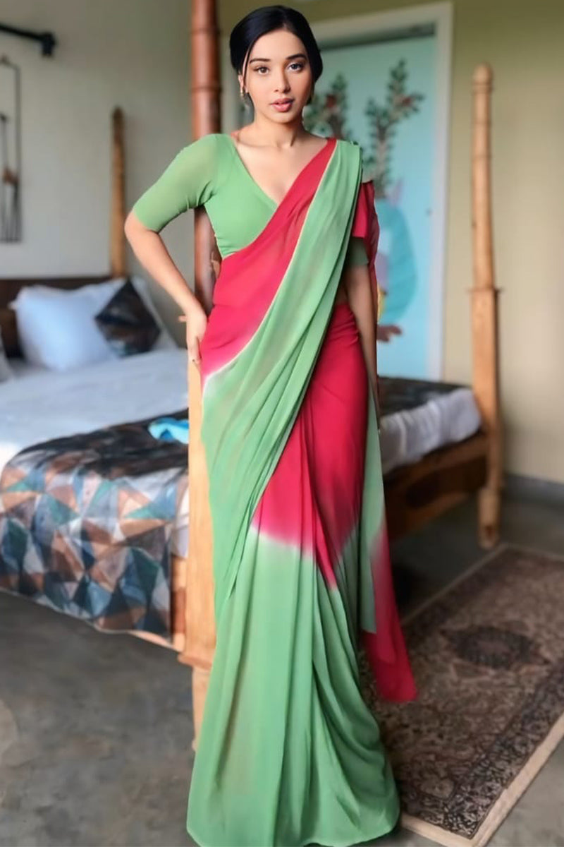 Ornate 1-Minute Ready To Wear Red and Green Georgette Saree