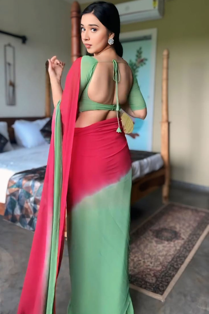 Ornate 1-Minute Ready To Wear Red and Green Georgette Saree