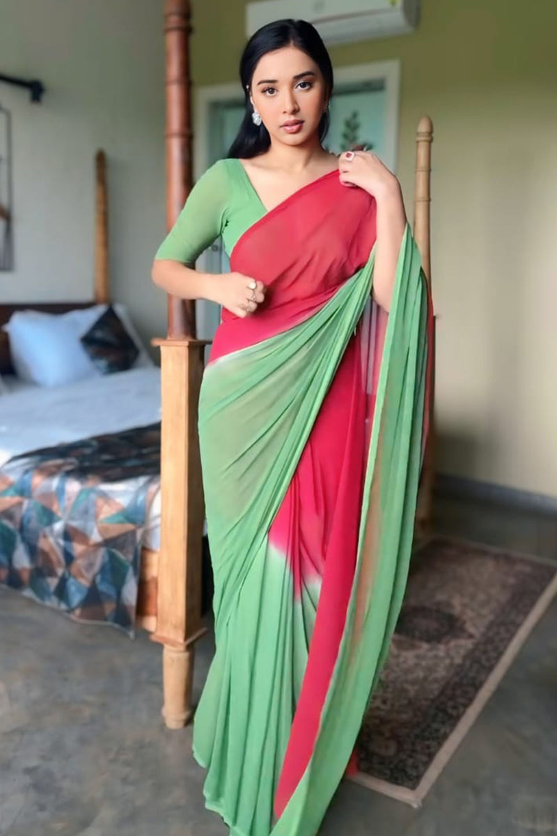 Ornate 1-Minute Ready To Wear Red and Green Georgette Saree
