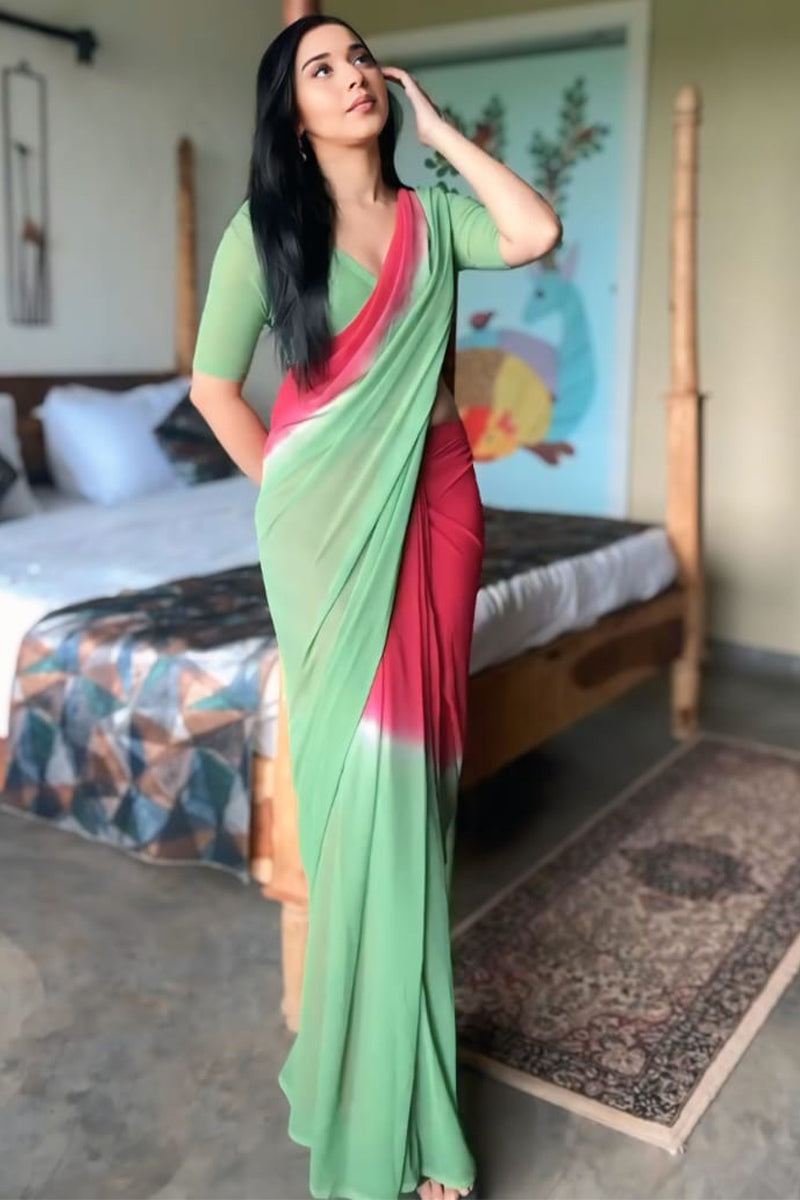 Ornate 1-Minute Ready To Wear Red and Green Georgette Saree