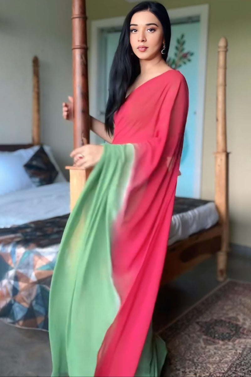 Ornate 1-Minute Ready To Wear Red and Green Georgette Saree