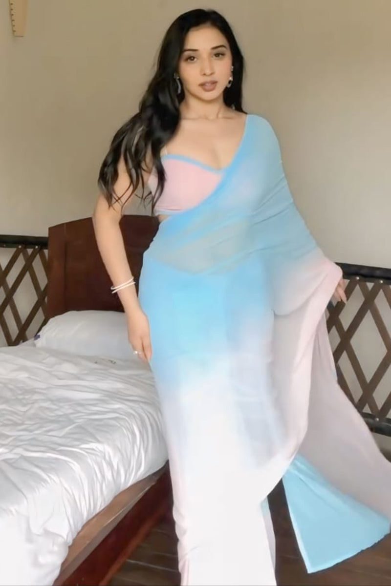 Divine 1-Minute Ready To Wear Sky and Baby Pink Georgette Saree