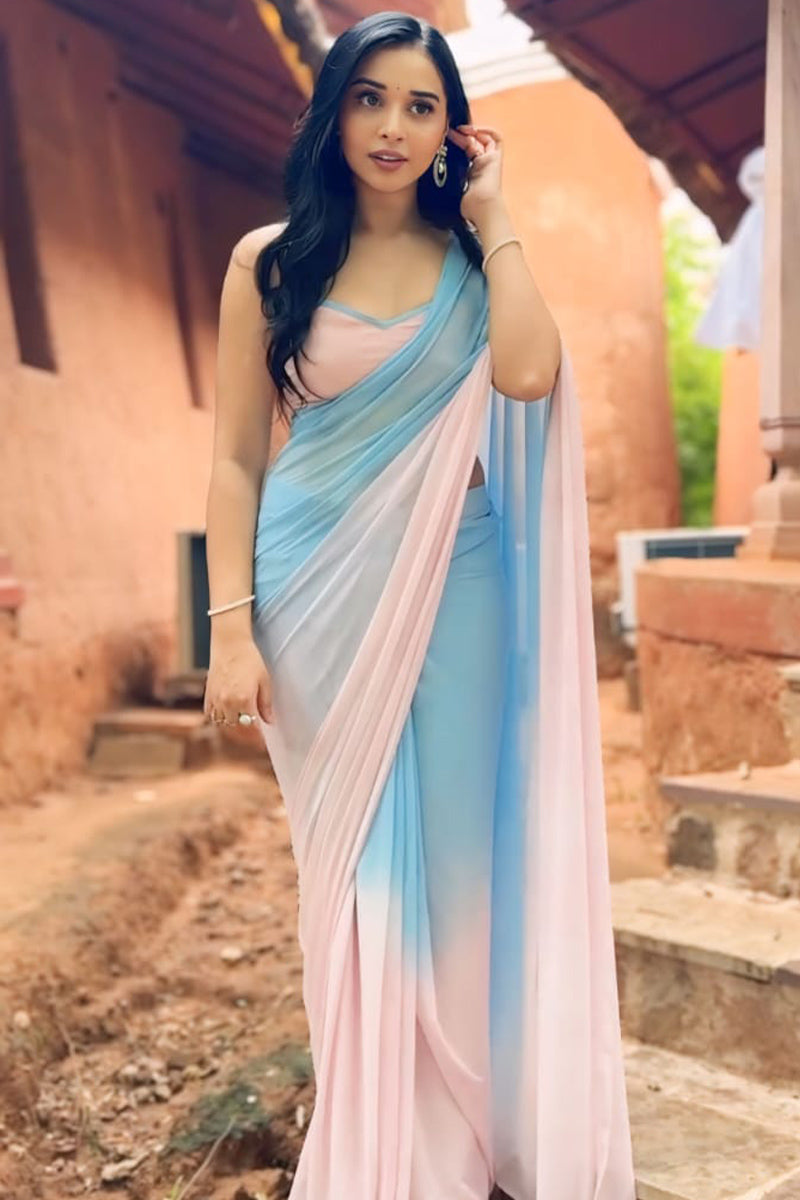 Divine 1-Minute Ready To Wear Sky and Baby Pink Georgette Saree