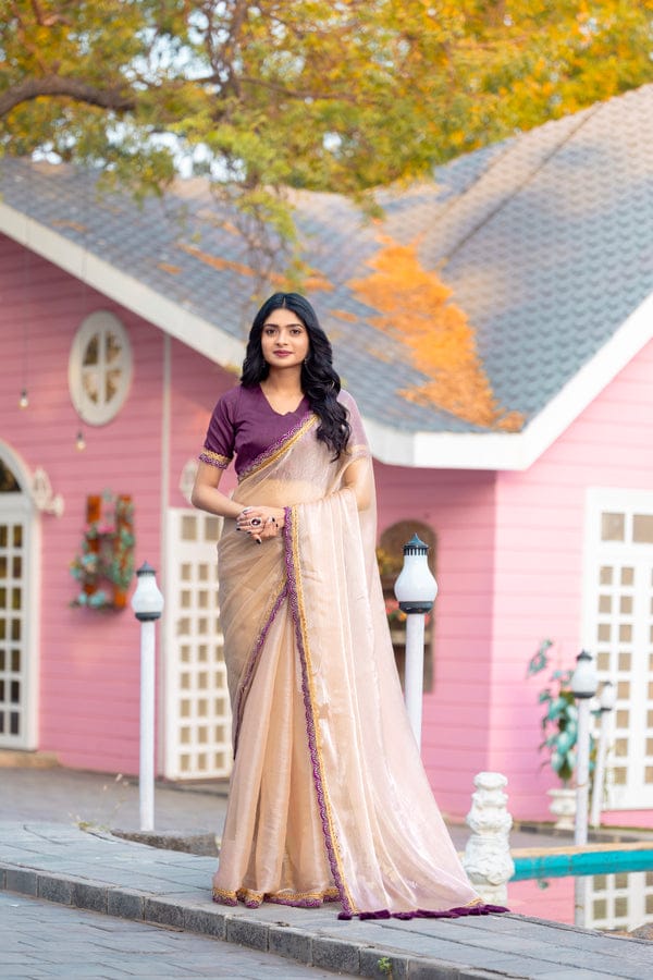 Opulent Beige Tissue Silk Saree With Scintilla Blouse Piece