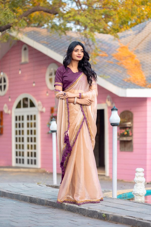 Opulent Beige Tissue Silk Saree With Scintilla Blouse Piece