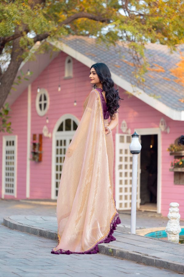 Opulent Beige Tissue Silk Saree With Scintilla Blouse Piece