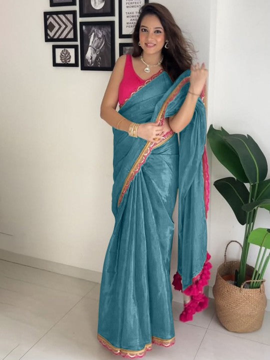 Wonderful Firozi Tissue Silk Saree With Resplendent Blouse Piece