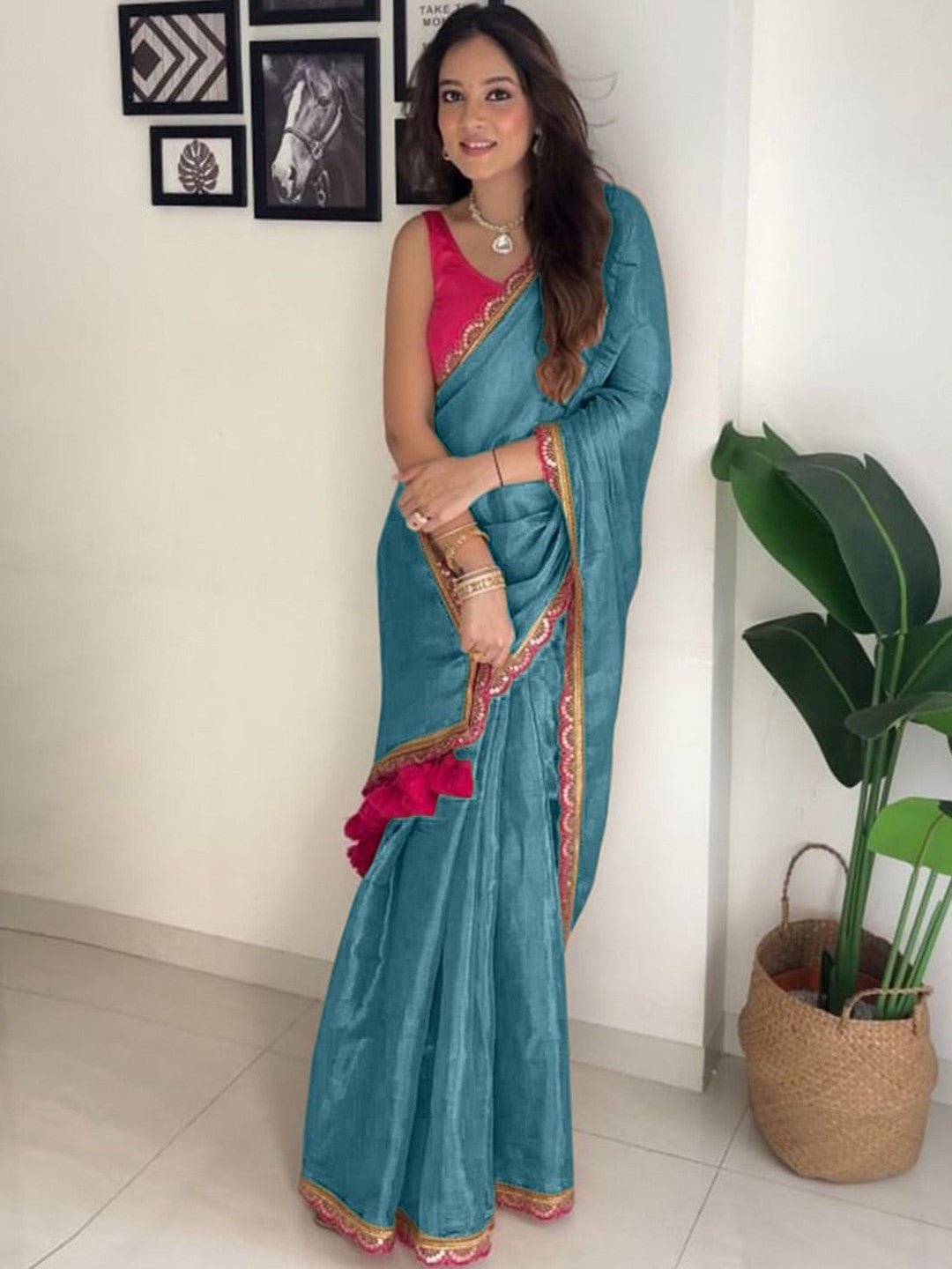 Wonderful Firozi Tissue Silk Saree With Resplendent Blouse Piece