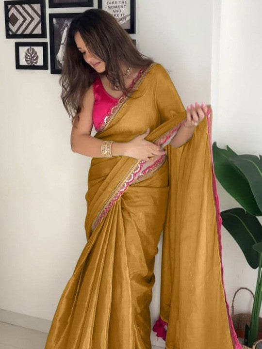 Beleaguer Mustard Tissue Silk Saree With Glorious Blouse Piece