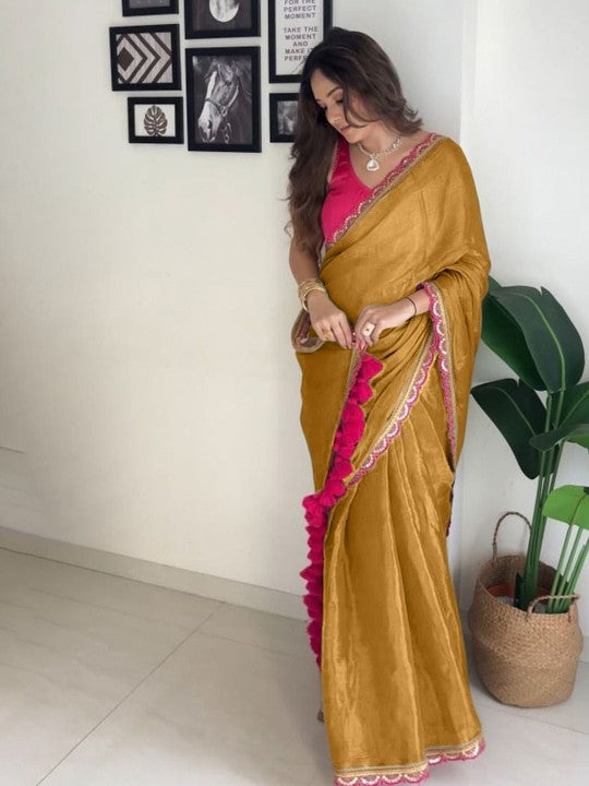 Beleaguer Mustard Tissue Silk Saree With Glorious Blouse Piece