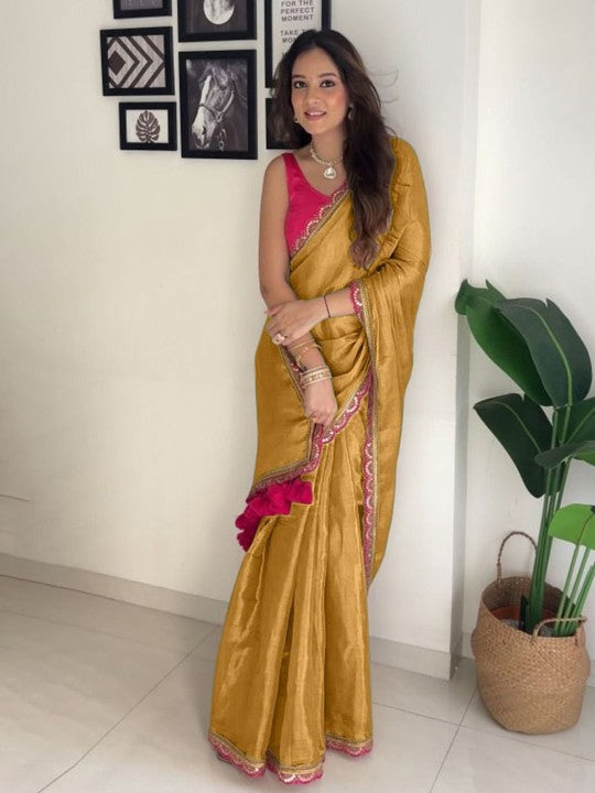 Beleaguer Mustard Tissue Silk Saree With Glorious Blouse Piece