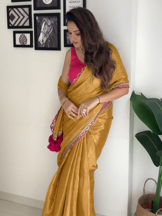 Beleaguer Mustard Tissue Silk Saree With Glorious Blouse Piece