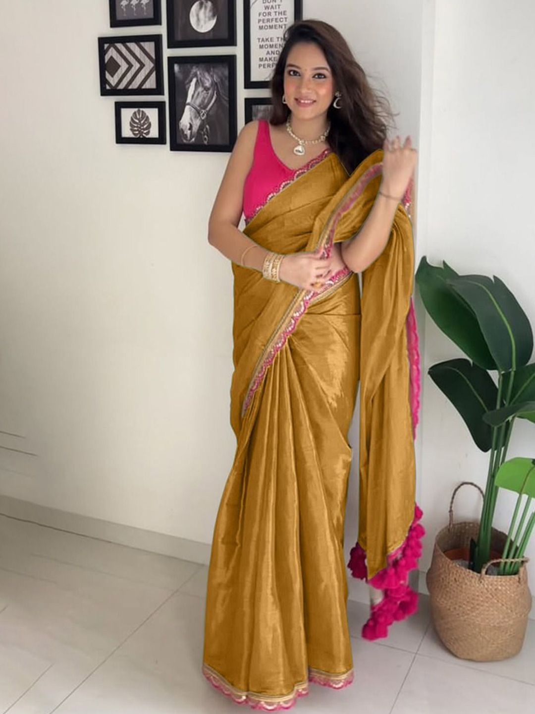 Beleaguer Mustard Tissue Silk Saree With Glorious Blouse Piece