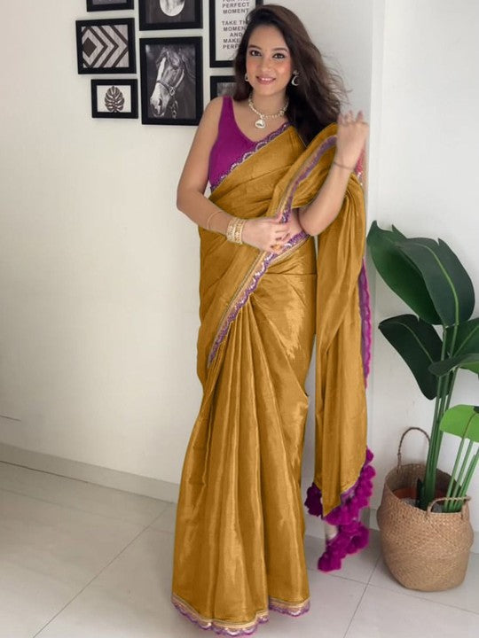Ratatouille Mustard Tissue Silk Saree With Mellifluous Blouse Piece