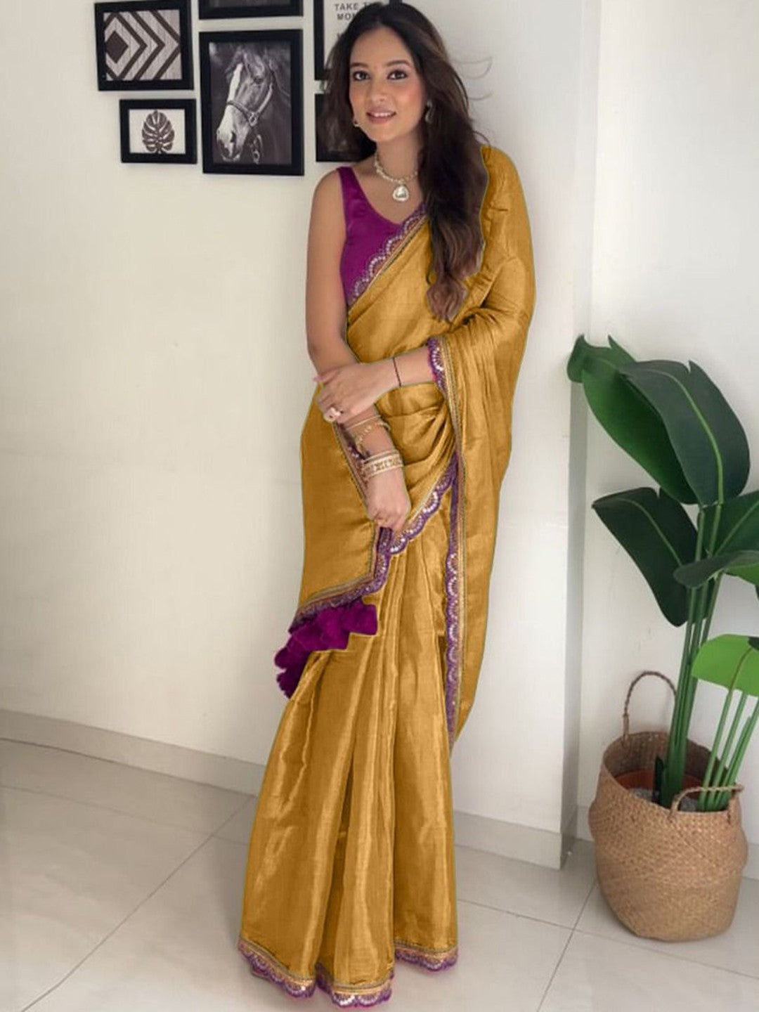 Ratatouille Mustard Tissue Silk Saree With Mellifluous Blouse Piece
