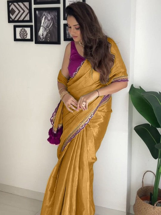 Ratatouille Mustard Tissue Silk Saree With Mellifluous Blouse Piece