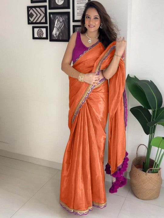 Epiphany Orange Tissue Silk Saree With Enticing Blouse Piece