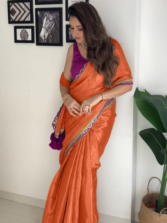 Epiphany Orange Tissue Silk Saree With Enticing Blouse Piece