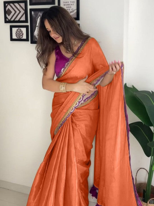 Epiphany Orange Tissue Silk Saree With Enticing Blouse Piece