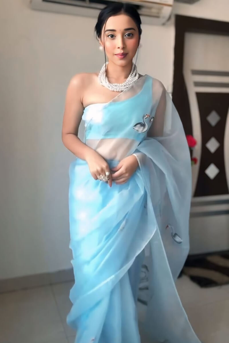 Lustrous 1-Minute Ready To Wear Sky Organza Silk Saree