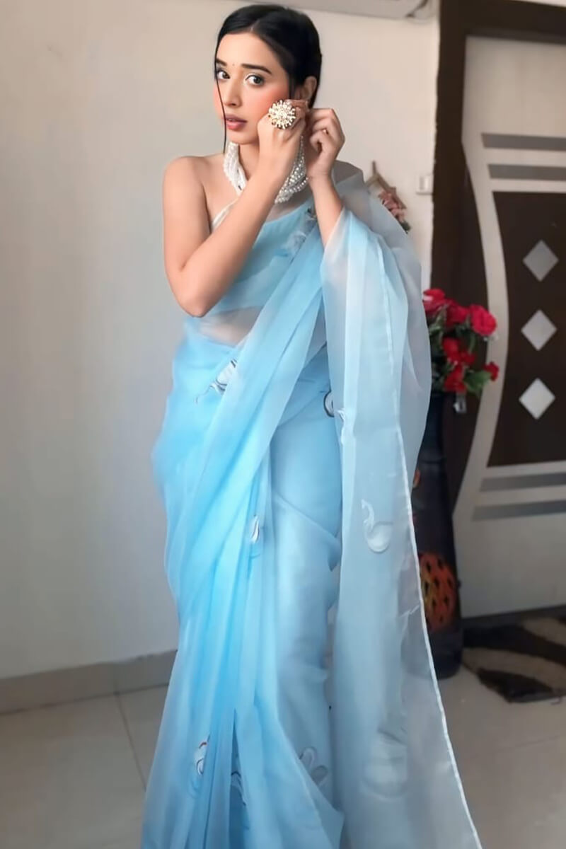 Lustrous 1-Minute Ready To Wear Sky Organza Silk Saree
