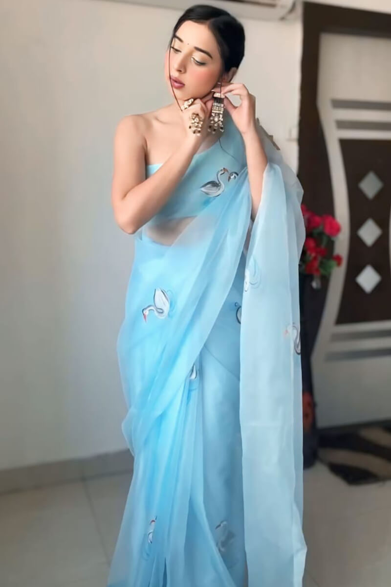 Lustrous 1-Minute Ready To Wear Sky Organza Silk Saree