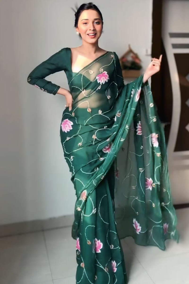 Ethereal 1-Minute Ready To Wear Dark Green Organza Silk Saree