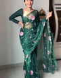 Ethereal 1-Minute Ready To Wear Dark Green Organza Silk Saree