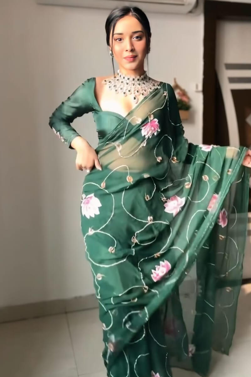 Ethereal 1-Minute Ready To Wear Dark Green Organza Silk Saree