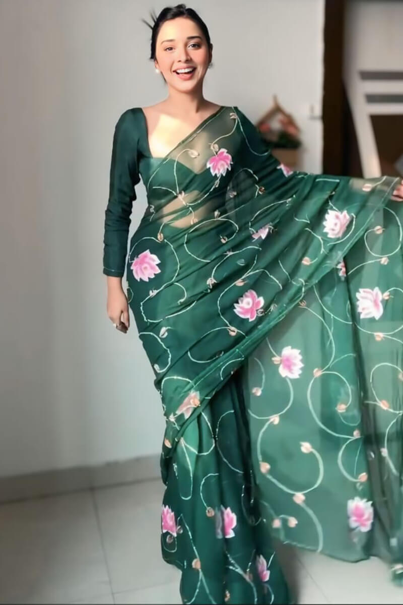 Ethereal 1-Minute Ready To Wear Dark Green Organza Silk Saree