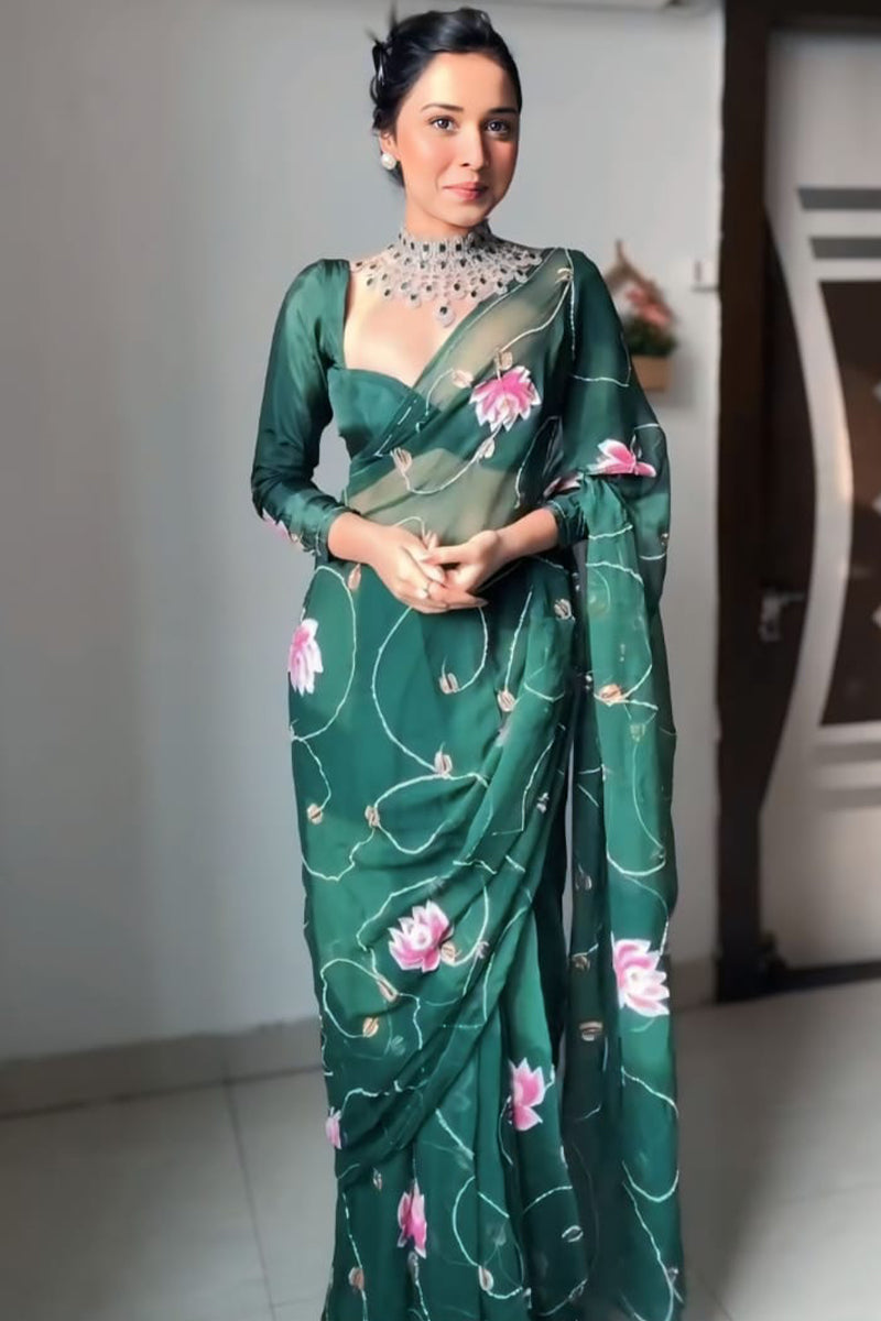 Ethereal 1-Minute Ready To Wear Dark Green Organza Silk Saree