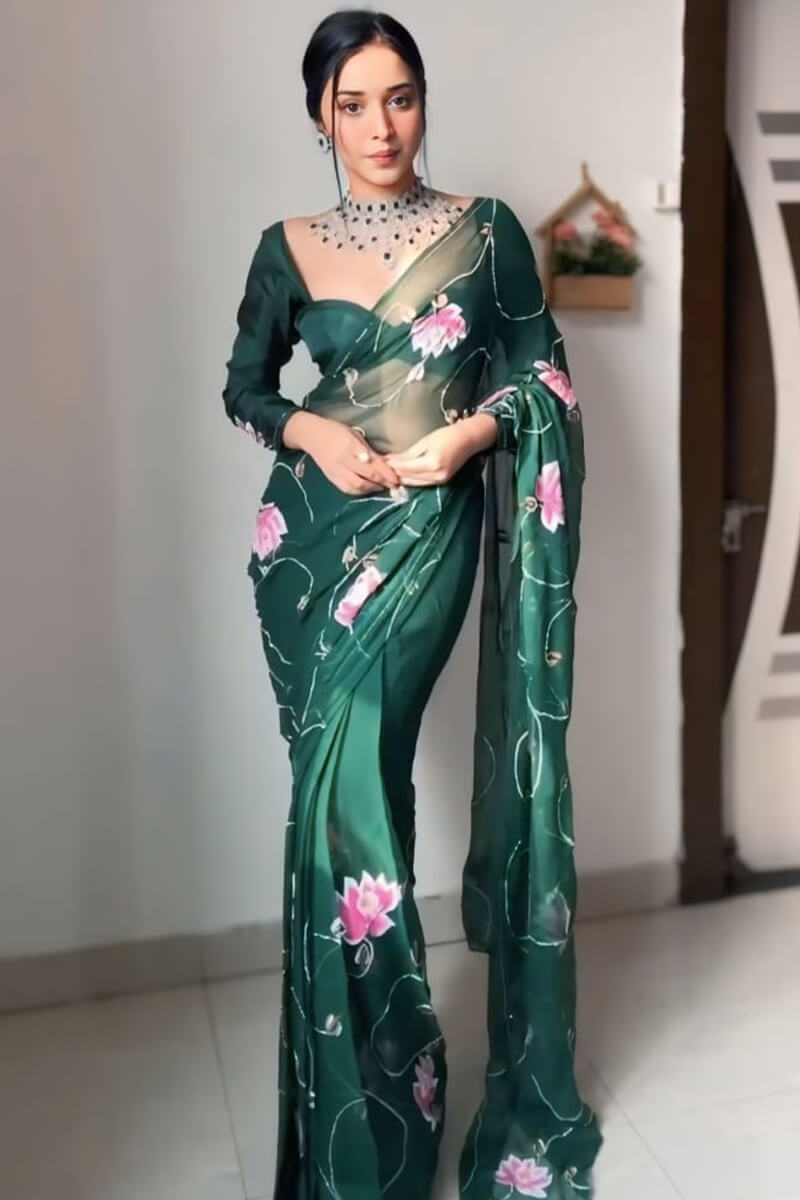 Ethereal 1-Minute Ready To Wear Dark Green Organza Silk Saree
