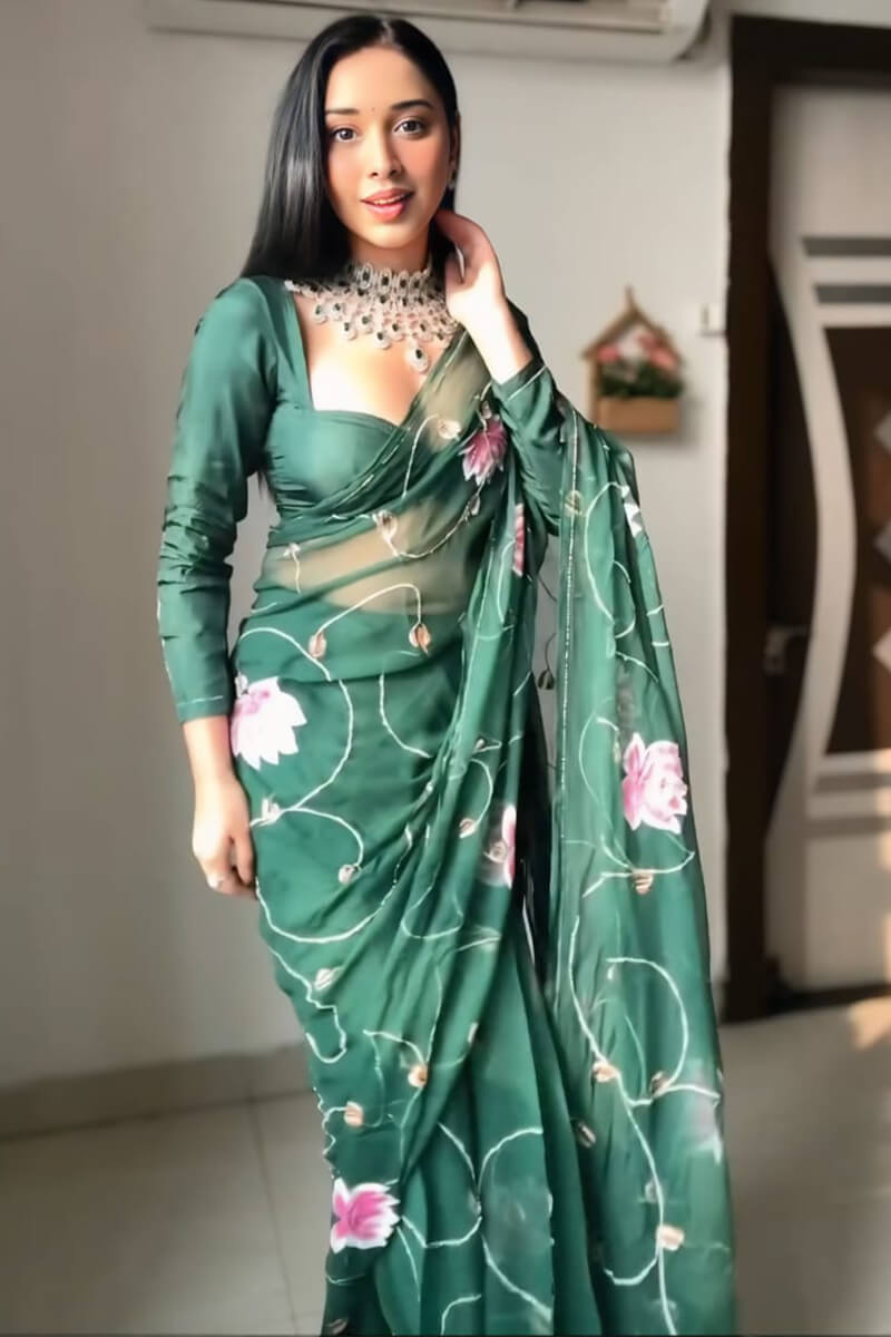 Ethereal 1-Minute Ready To Wear Dark Green Organza Silk Saree