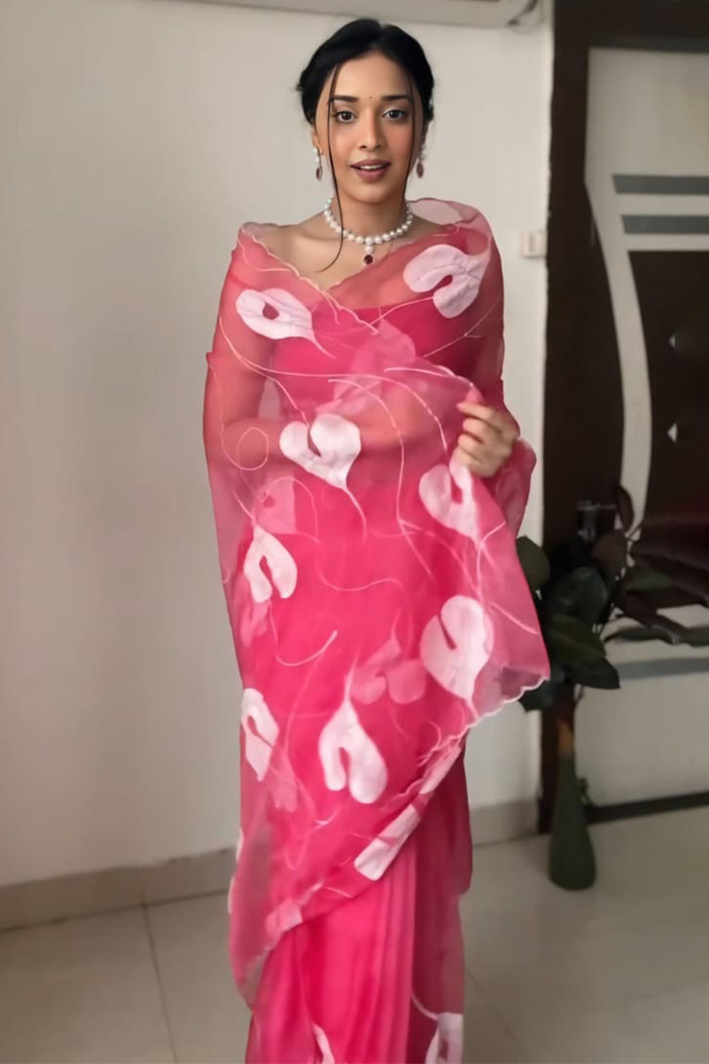 Most Scrupulous 1-Minute Ready To Wear Dark Pink Organza Silk Saree